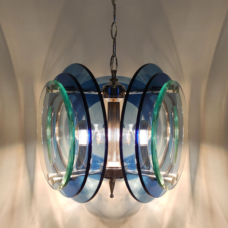 1970s gorgeous blue and green chandelier by veca. made in italy