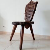 Brutalist tripod chair in carved wood 19th century
