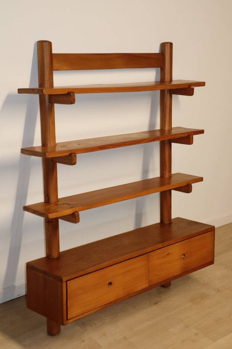 Vintage wall shelf unit in solid elm, 1970s