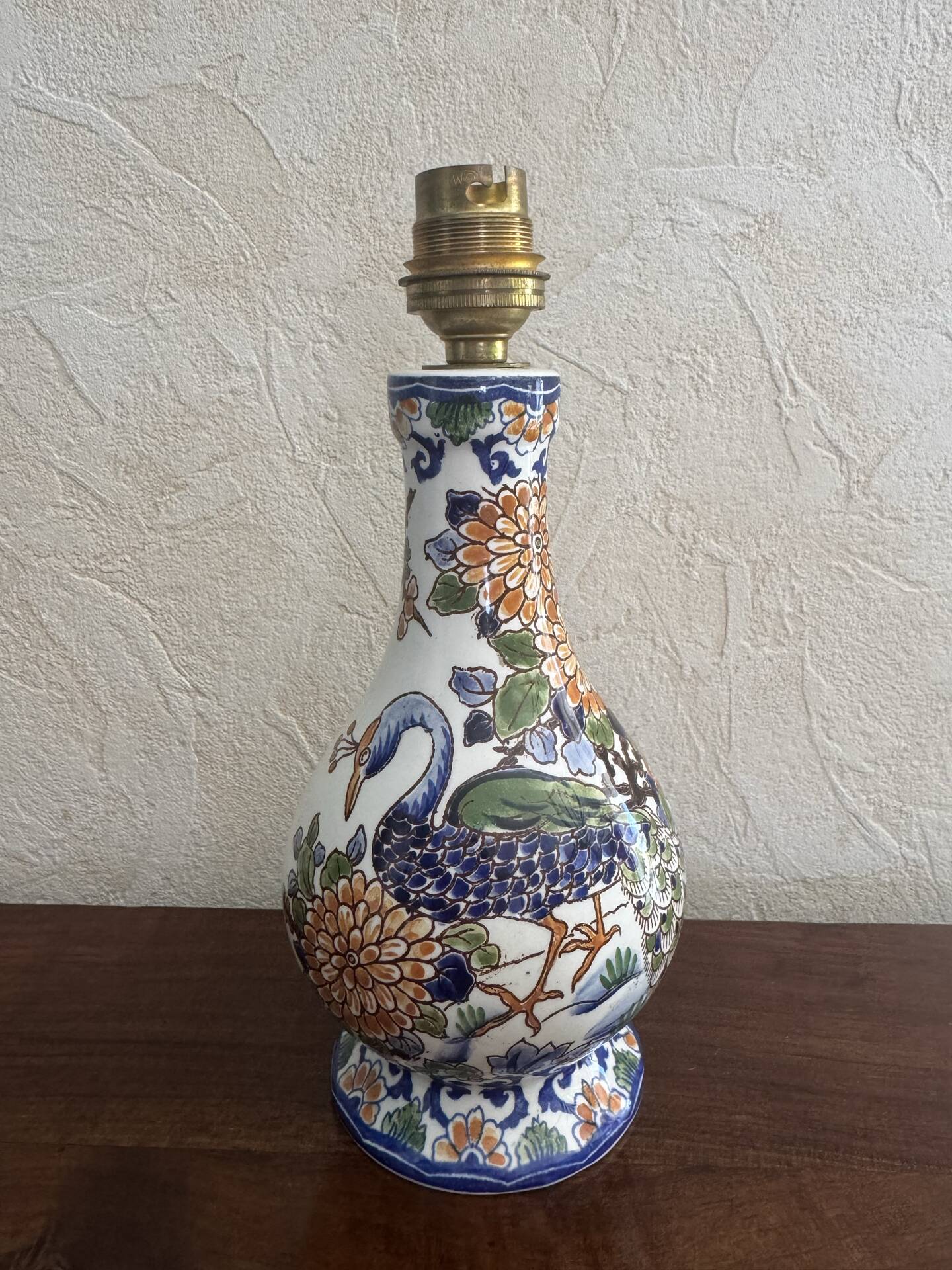Table lamp in Gien earthenware - "Peacock" decor hand-painted