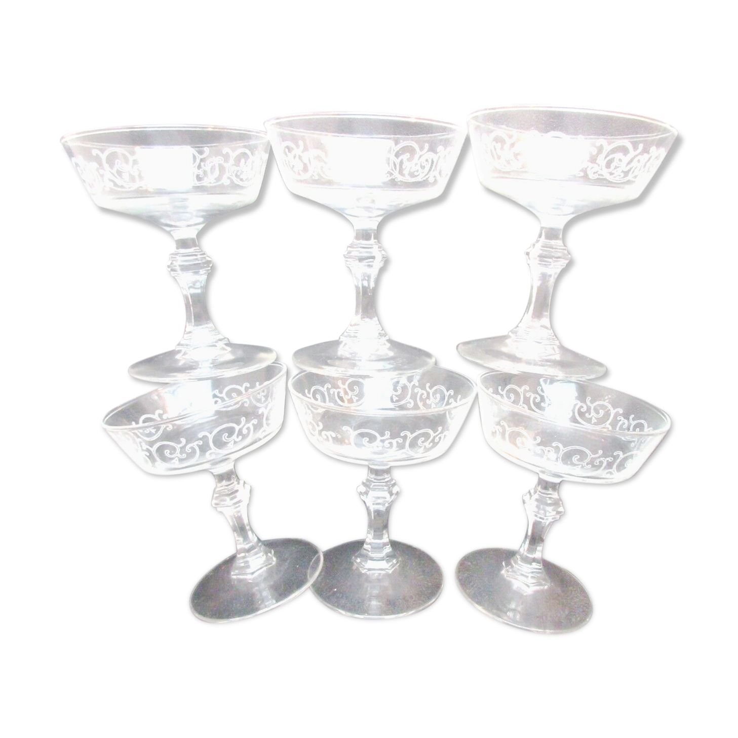 6 Louis XV style champagne glasses engraved with arabesques, baluster foot