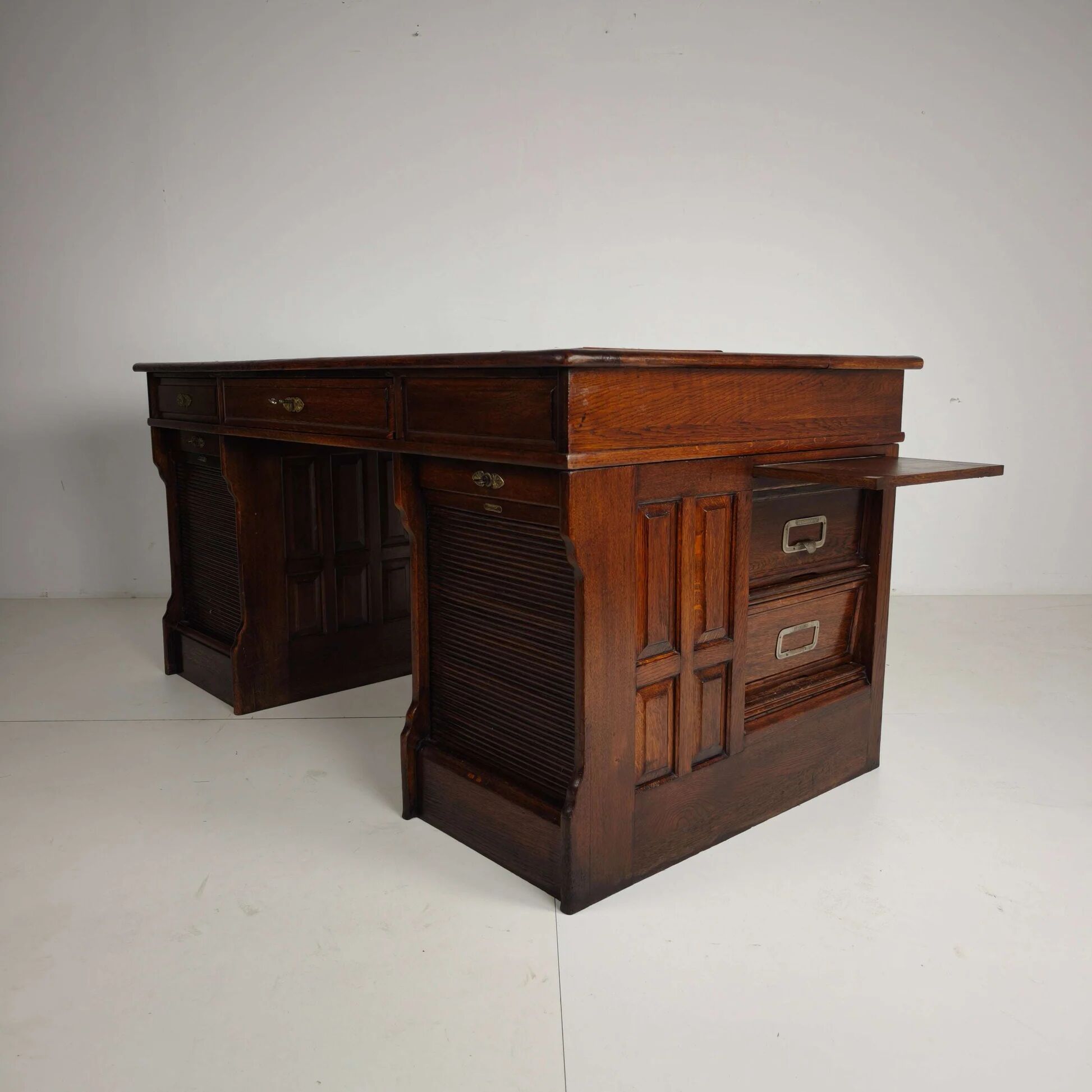 Antique oak writing desk by Stolzenberg – tambour roll top desk – c1880