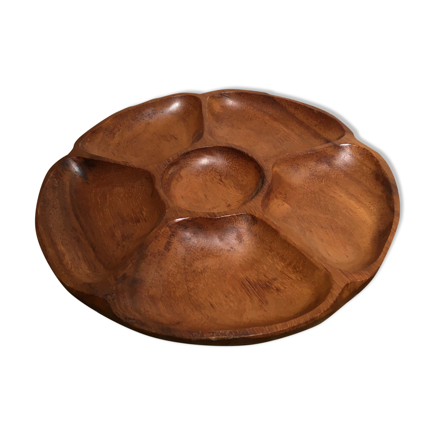 Round wooden dish with six compartments