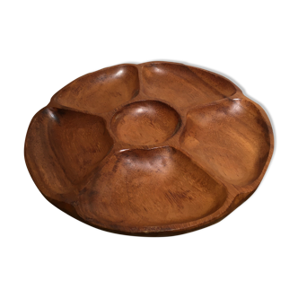 Round wooden dish with six compartments