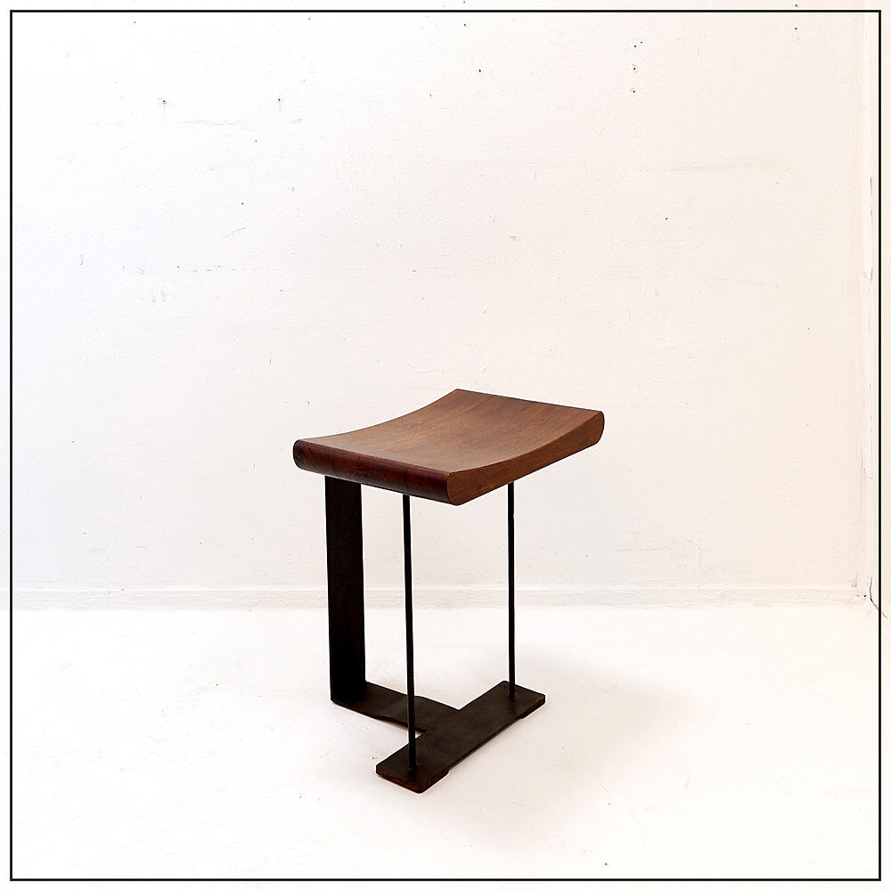 Vintage wooden and metal stool in the style of the "T" model by Pierre Chareau.