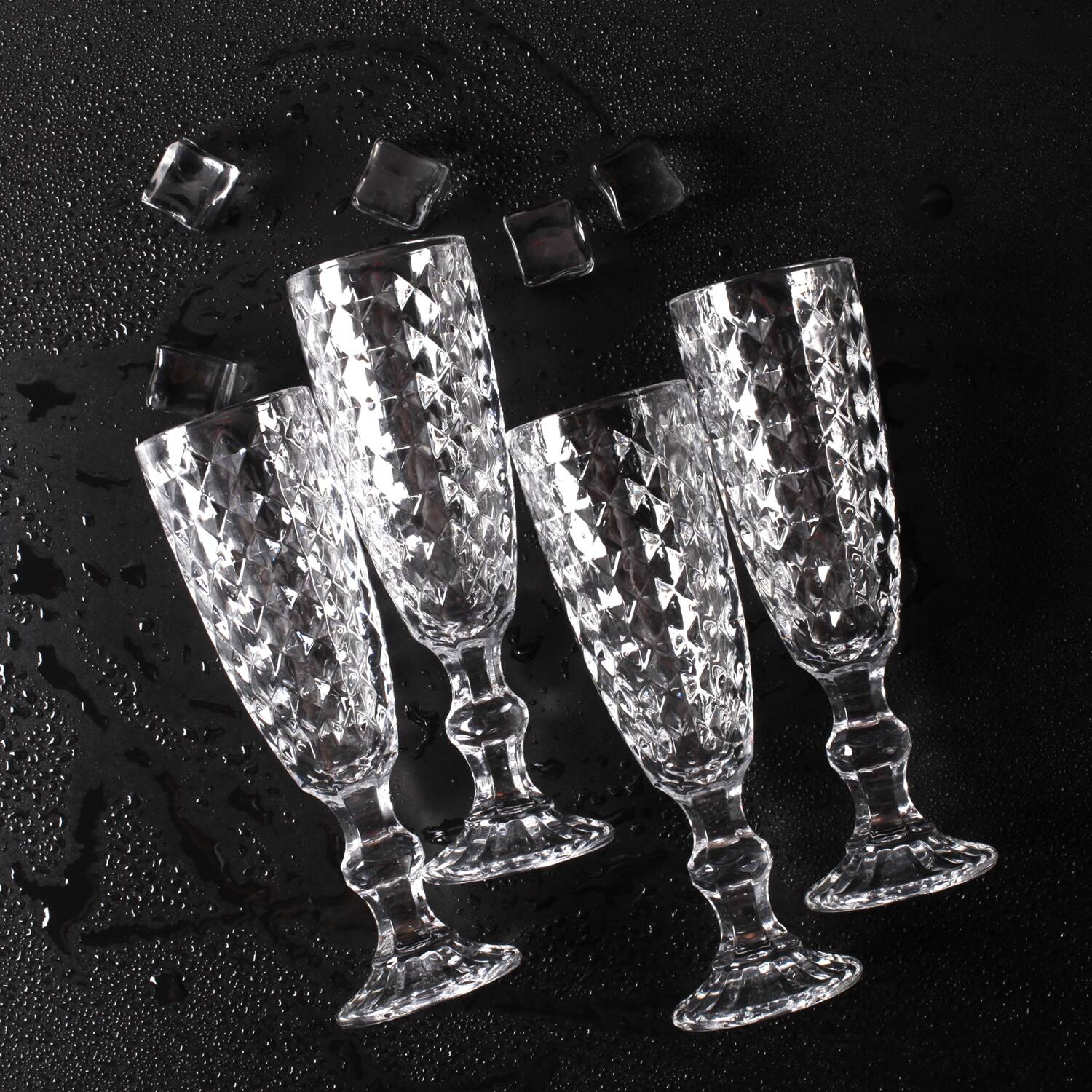 Set of 4 Vintage Pressed Glass Champagne Flutes, Clear Italian Stemware