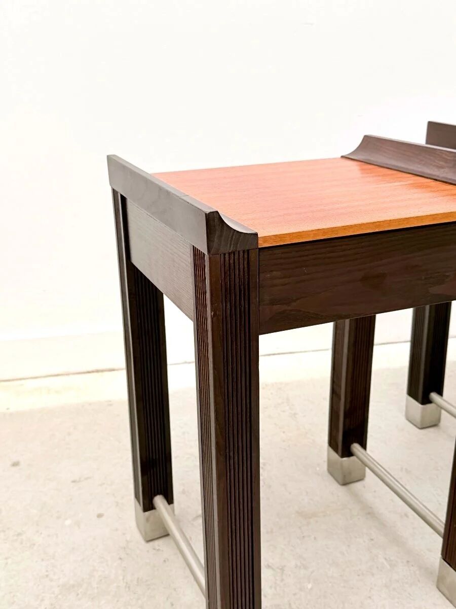 Pair of bedside tables in mahogany and stained oak, France 1980.