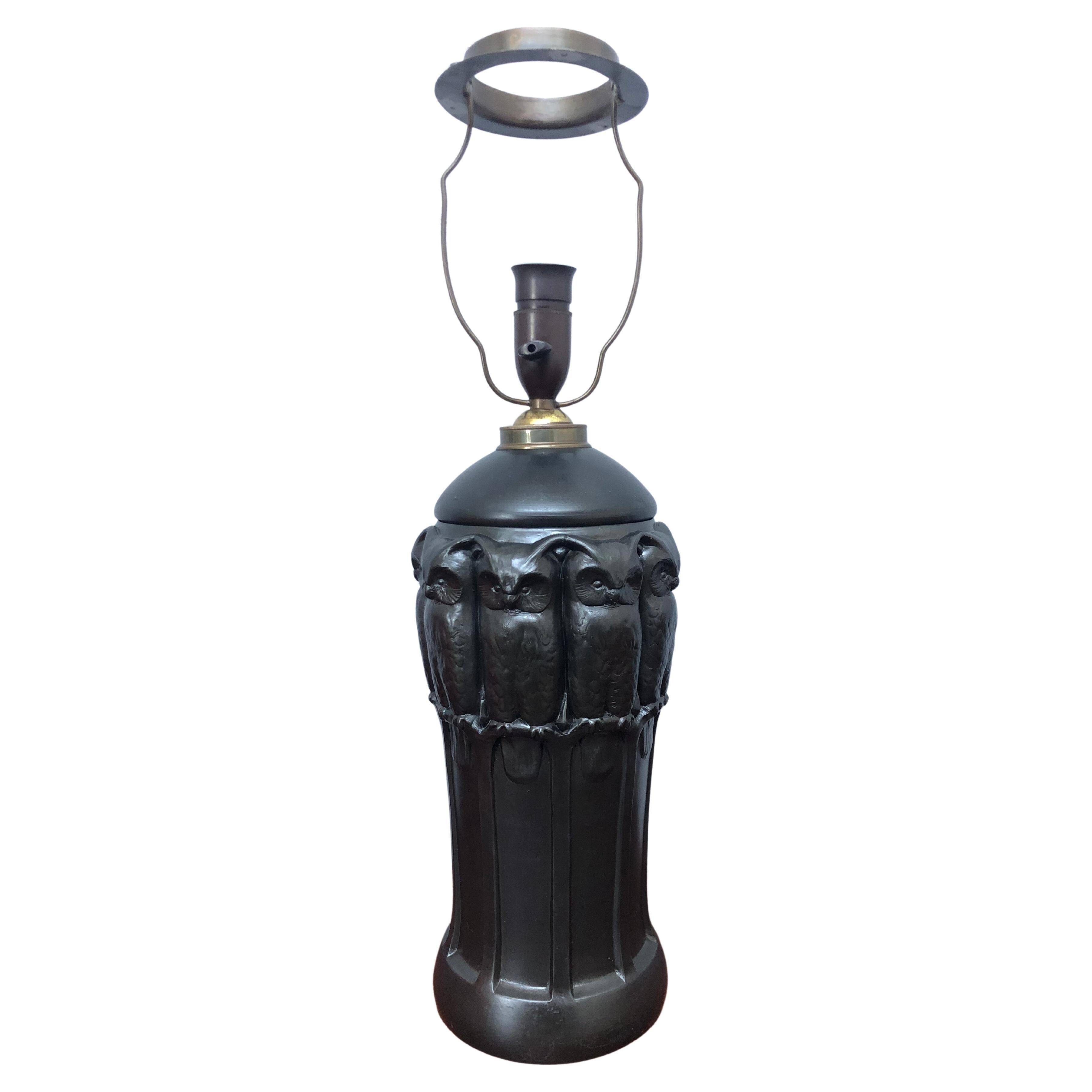 Antique Black Pottery Owl Table Lamp by L. Hjorth of Bornholm