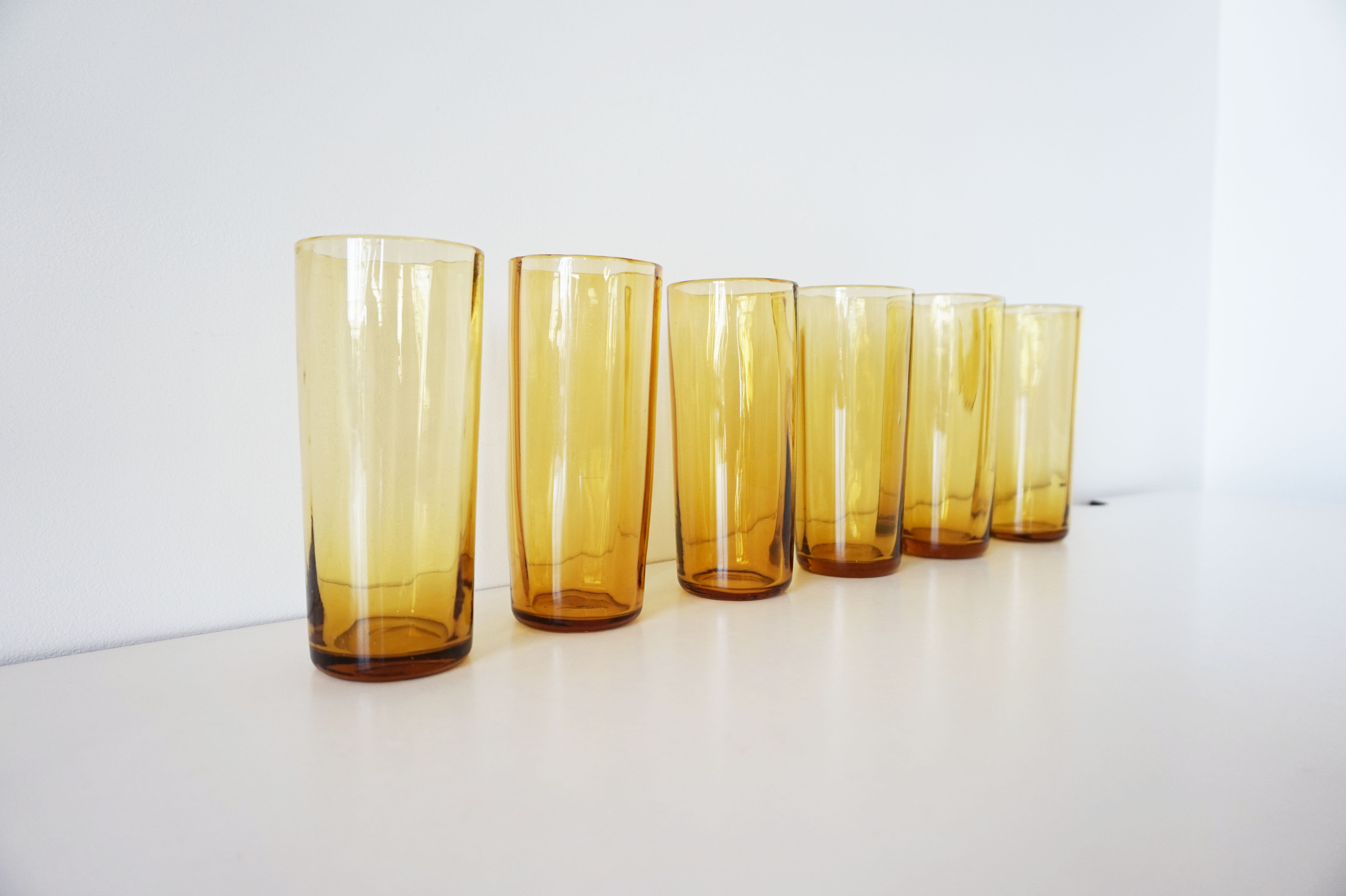 6 amber glass water glasses 1960