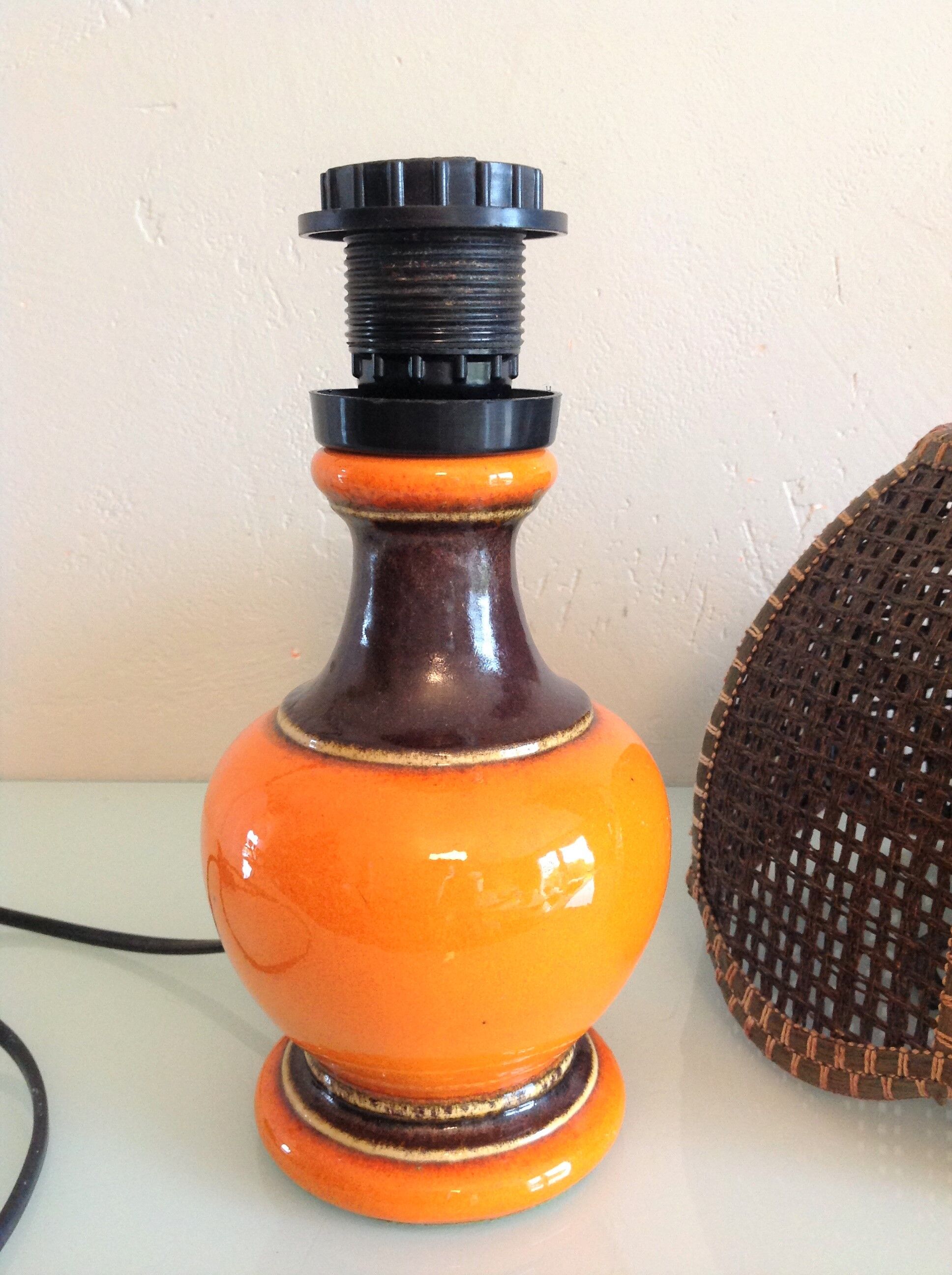 Orange ceramic lamp and brown canned lampshade by Pan Keramik / 60s-70s