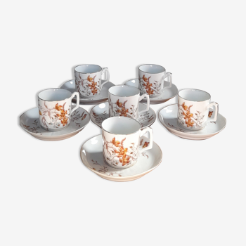 6 cups and sub-cups limoges porcelain, floral, Leon Sazerat - circa 1890