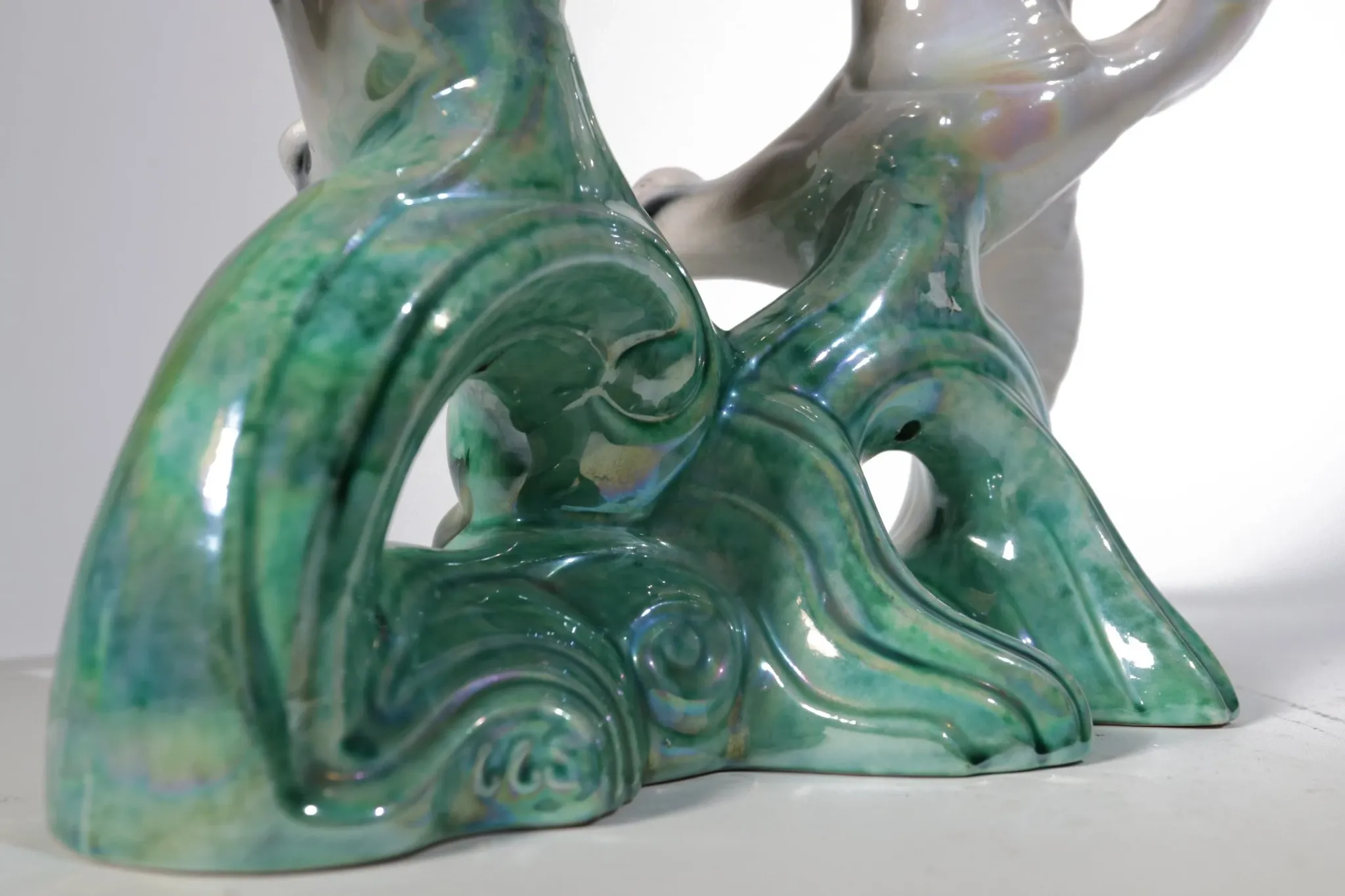 Art deco porcelain sculpture of two flying birds – iridescent, 1920s