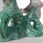 Art deco porcelain sculpture of two flying birds – iridescent, 1920s
