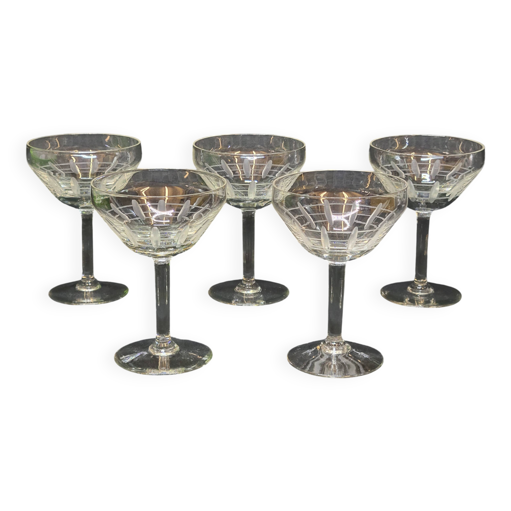 5 Antique Art Deco Palmette Cut Crystal Champagne Glasses