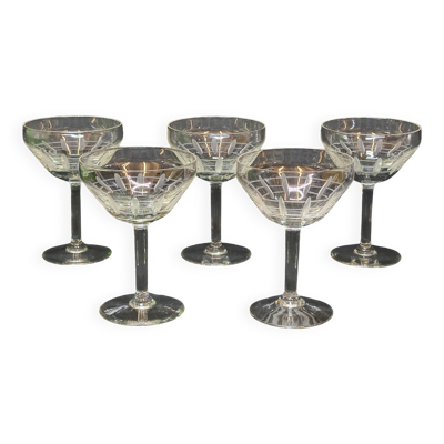 5 Anciennes Coupes A Champagne En Cristal Taillé Palmettes Art Déco
