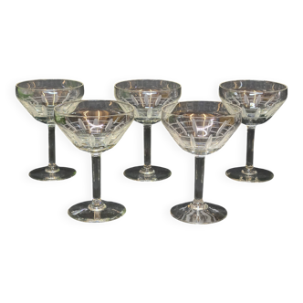 5 Anciennes Coupes A Champagne En Cristal Taillé Palmettes Art Déco
