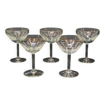 5 Antique Art Deco Palmette Cut Crystal Champagne Glasses