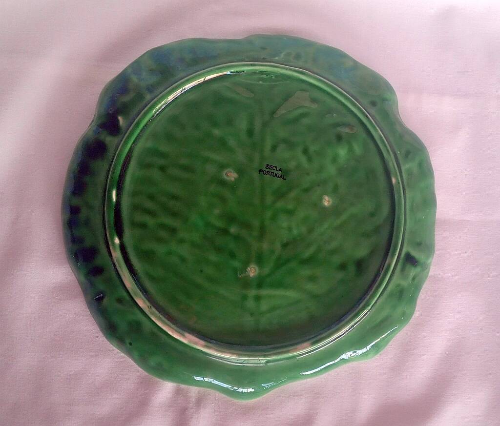 Majolica cabbage dish leaf green ceramic plate marked secla portugal