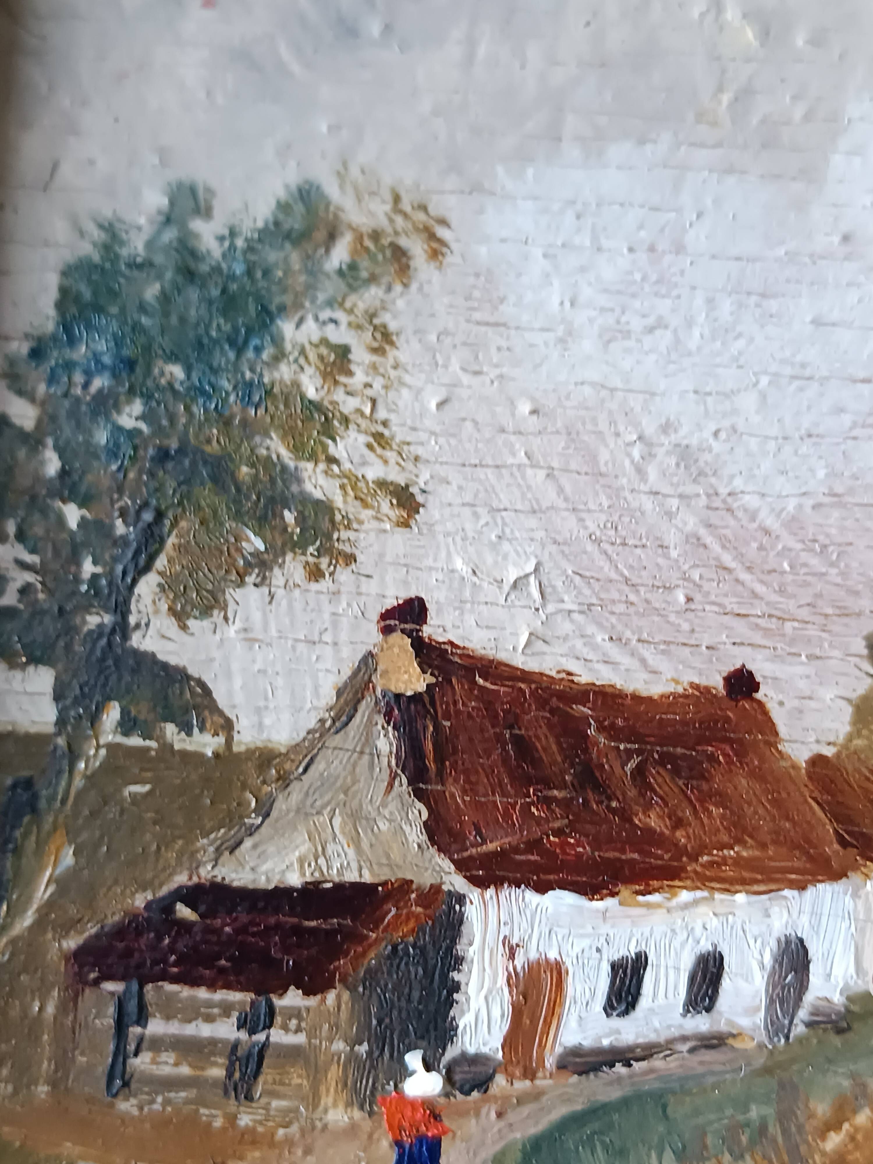 Framed oil on panel of an old countryside landscape.