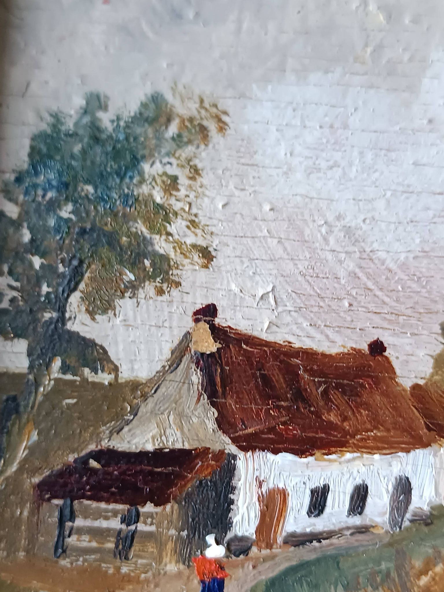 Framed oil on panel of an old countryside landscape.