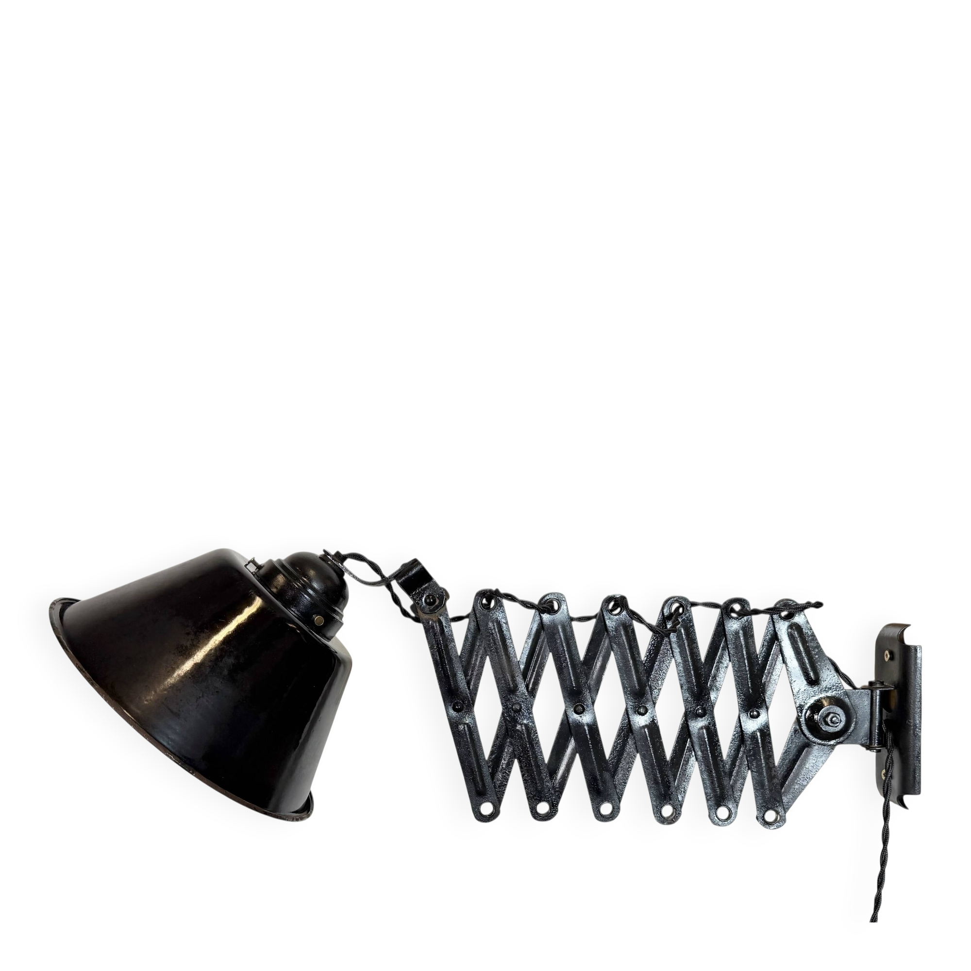 Industrial Black Enamel Scissor Wall Lamp, 1930s