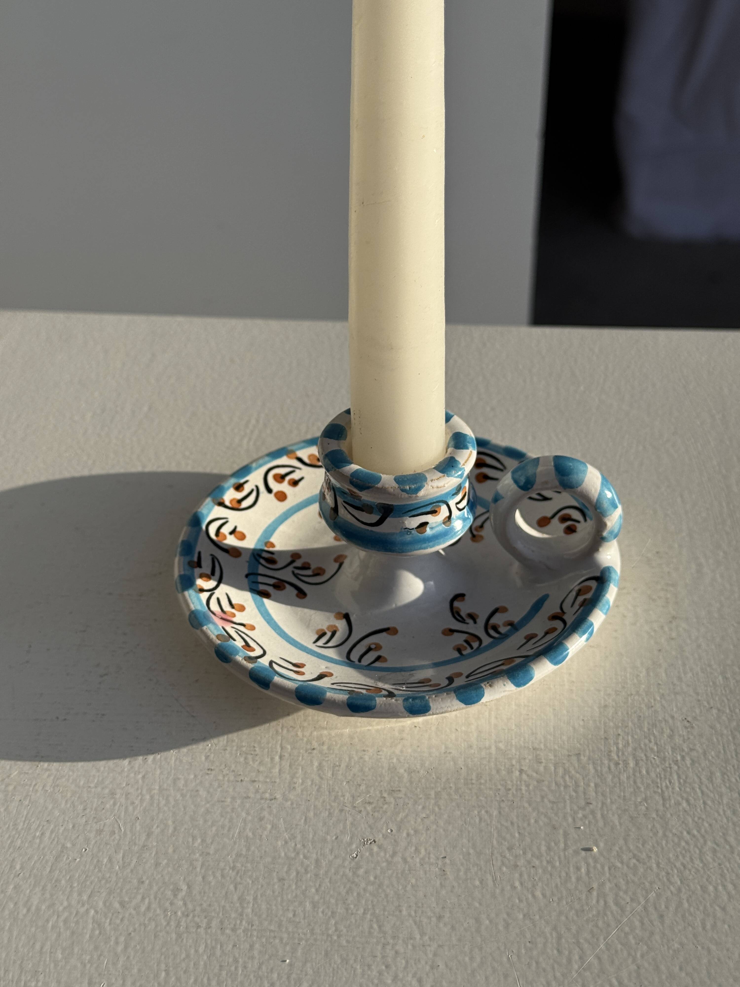 Light blue Moustiers candlestick H5 D12.5