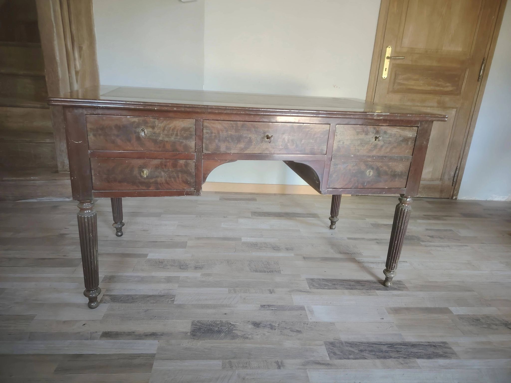 Antique Louis XVI style desk – mahogany – green leather – 5 drawers