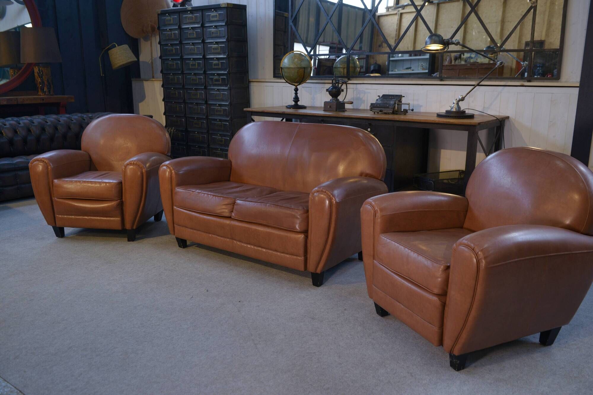 Camel 1980s 2-seater sofa and 2 club armchairs set in faux leather
