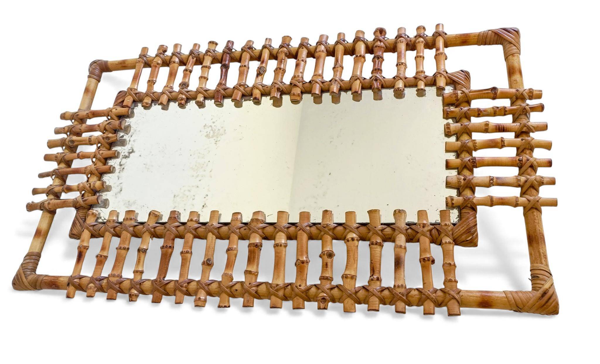 Mid-Century Bamboo & Rattan Mirror With Patina, French Riviera Style, 1950s