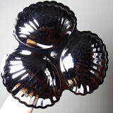 Vintage three-bowl server in silver-plated metal, shell decoration 1970-80.