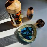 Mid-century pattern Vetrata vases and bowls by Aldo Londi for Bitossi Italy. Black, blue, orange and yellow on a brushed background.