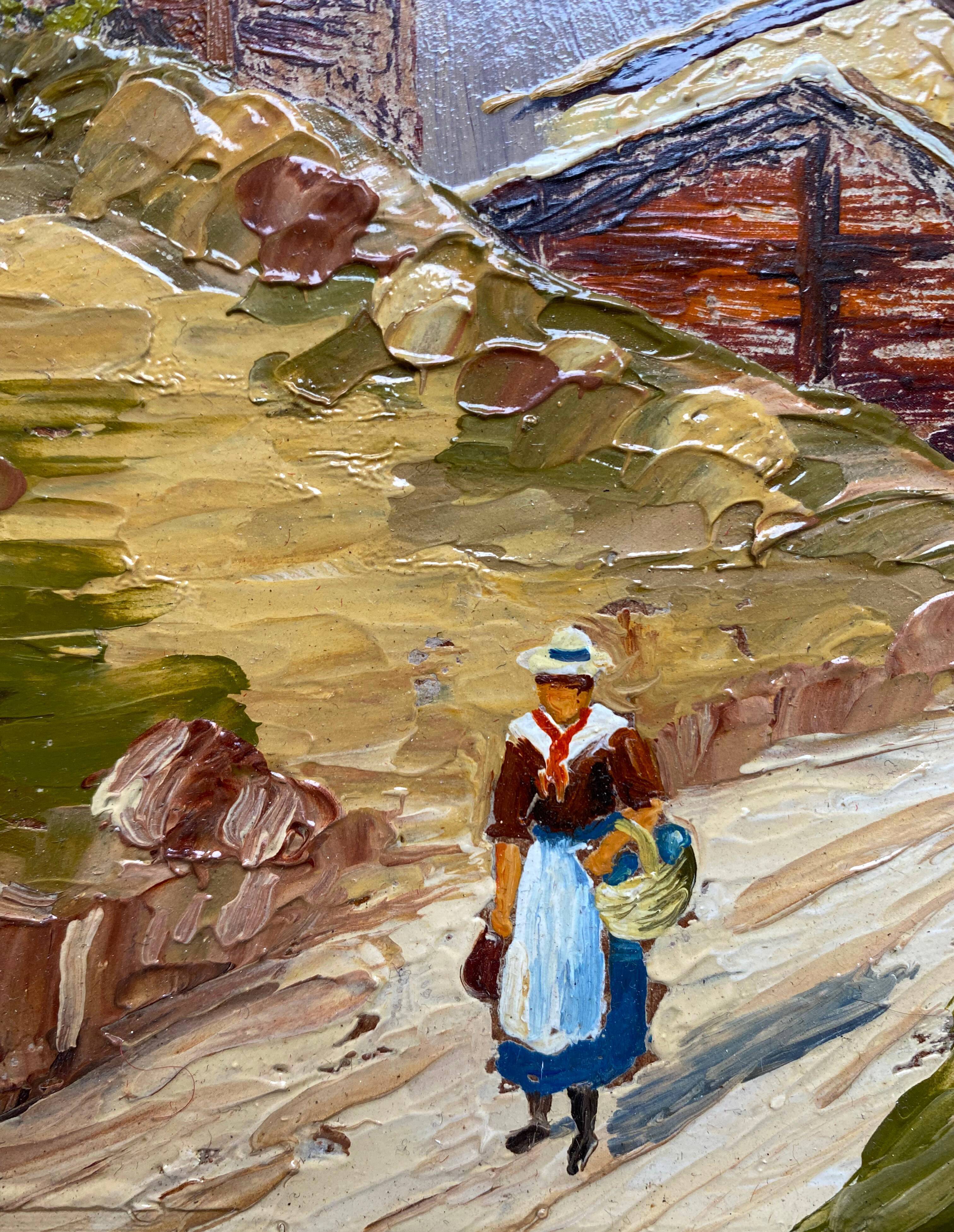 Painting Lively Mountain Landscape Alpine Chalets signed Maurel + frame