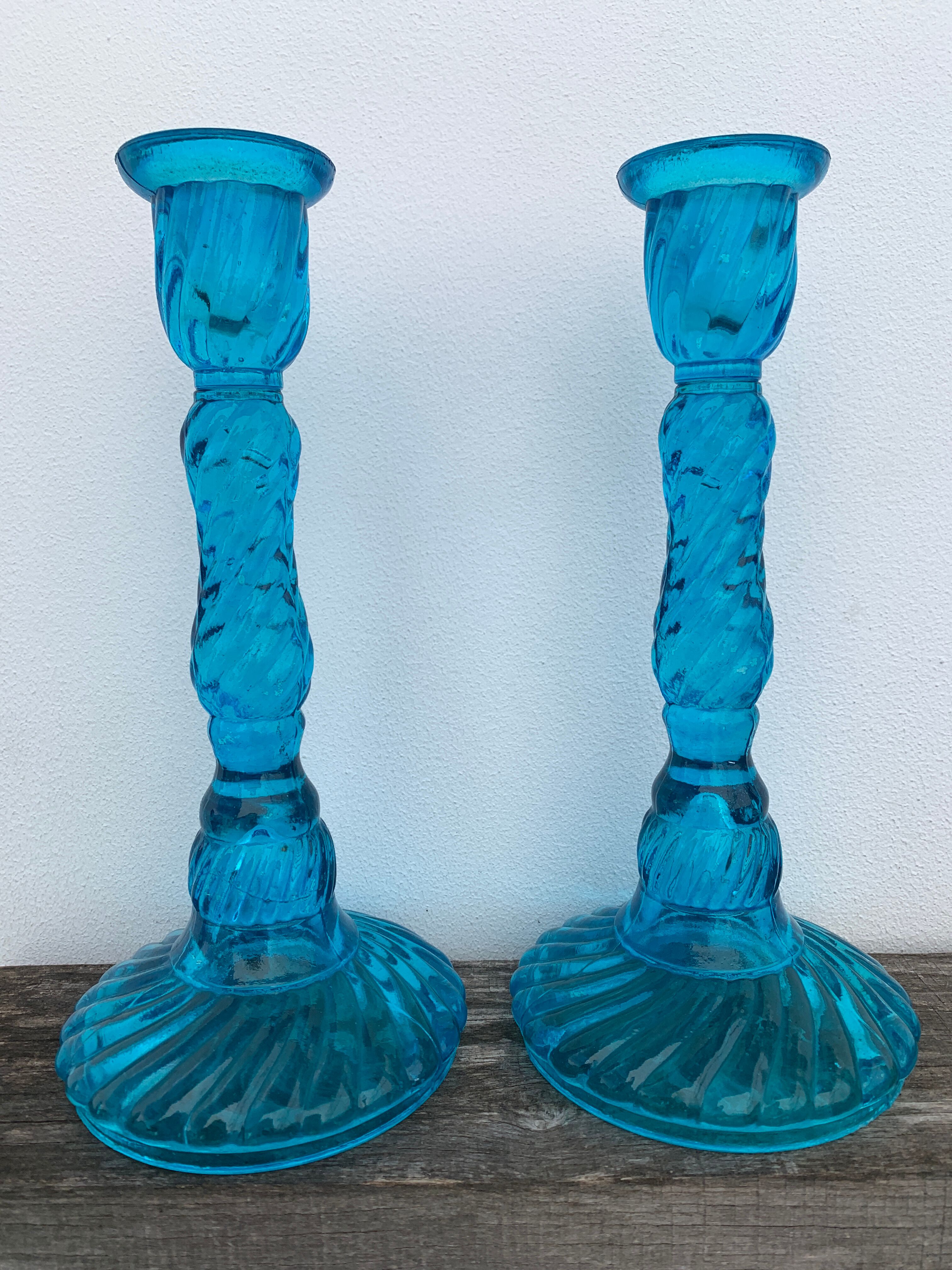 Pair of molded pressed blue glass candle holders