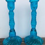 Pair of molded pressed blue glass candle holders