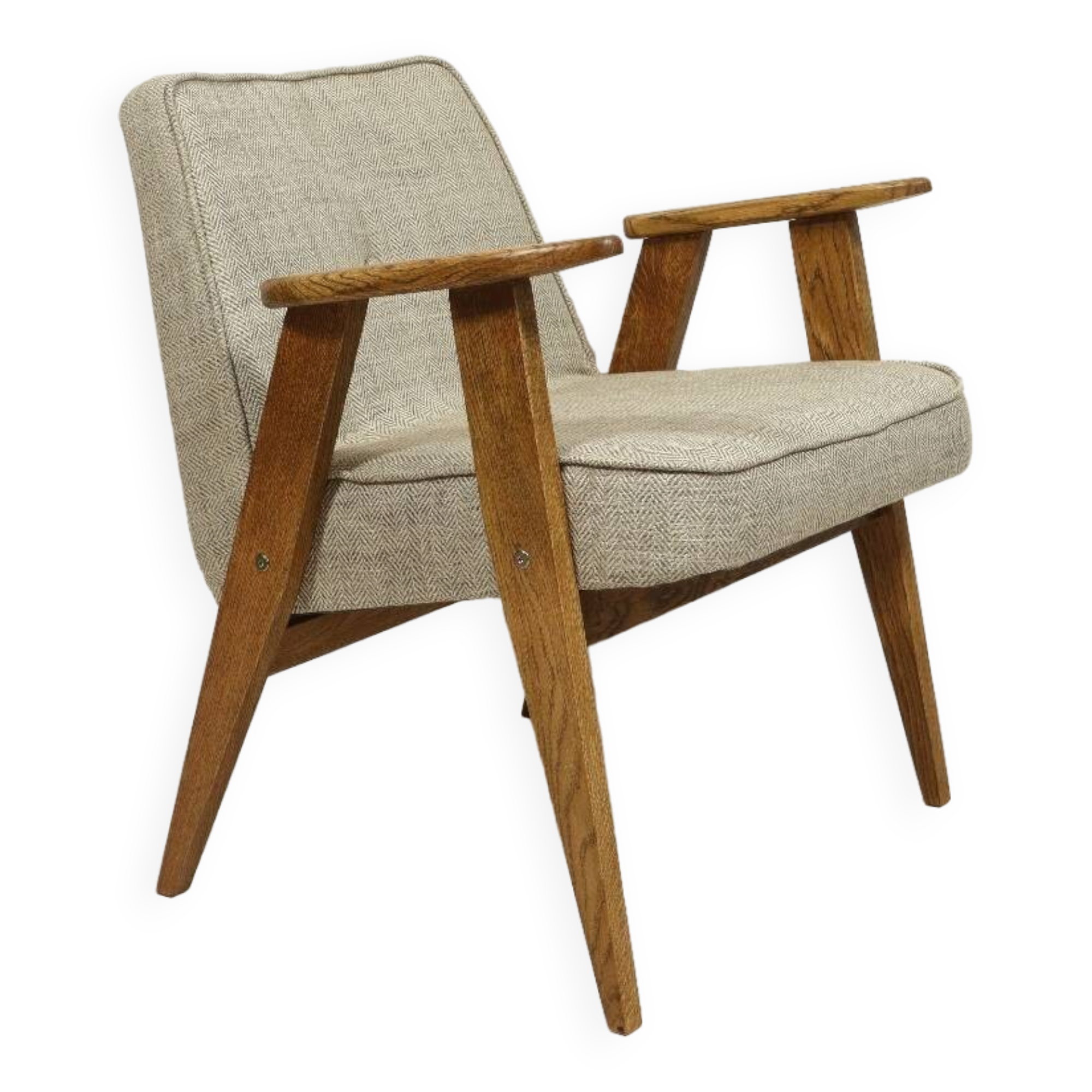 Vintage armchair in natural rustic oak wood herringbone fabric modern design by Chierovsky