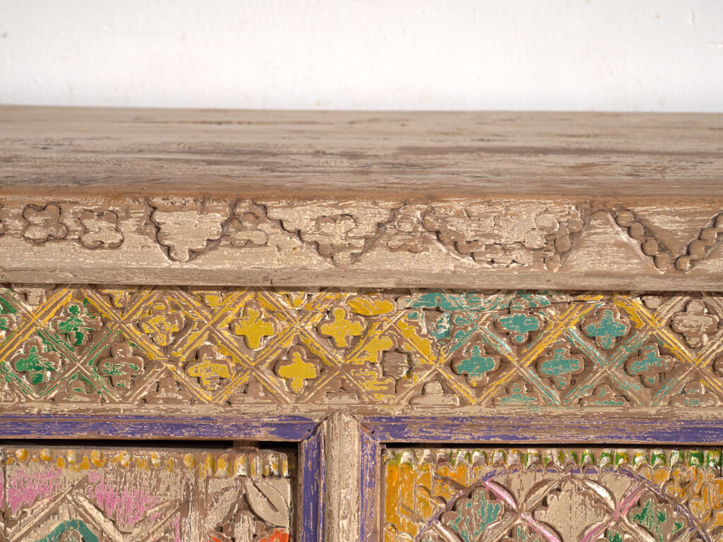 Antique polychrome carved low cabinet in pine – Xinjiang, circa 1900