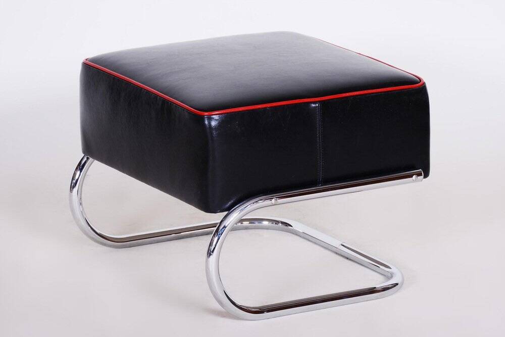 Bauhaus Stool in Leather and Chrome-Plated Steel from R. Slezák, Czech, 1930s