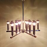 Chrome metal Space Age chandelier, 18 light points, 1970.