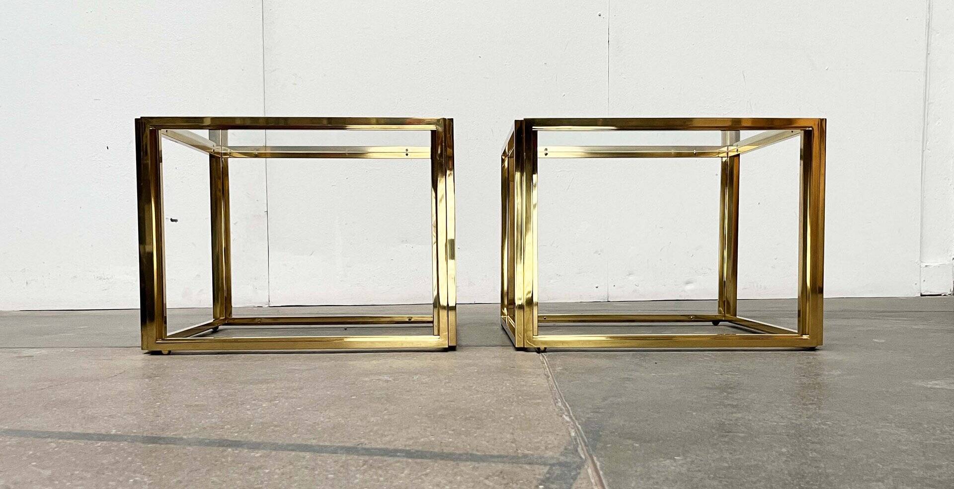 Cube side tables in brass and glass in the French Hollywood Regency style by Maison Charles, 1970s, set of 2.