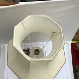 Lampe céramique Moustiers & socle bois avec abat-jour tissu beige vintage