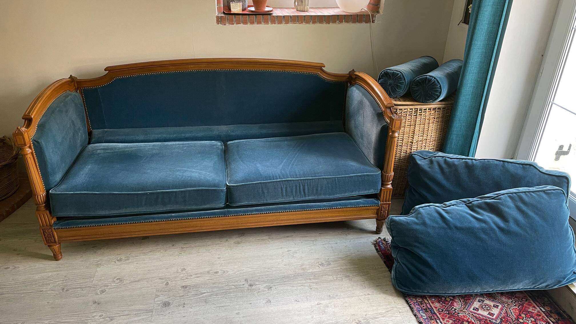 Jean Roche Vintage Wood and Velvet Sofa