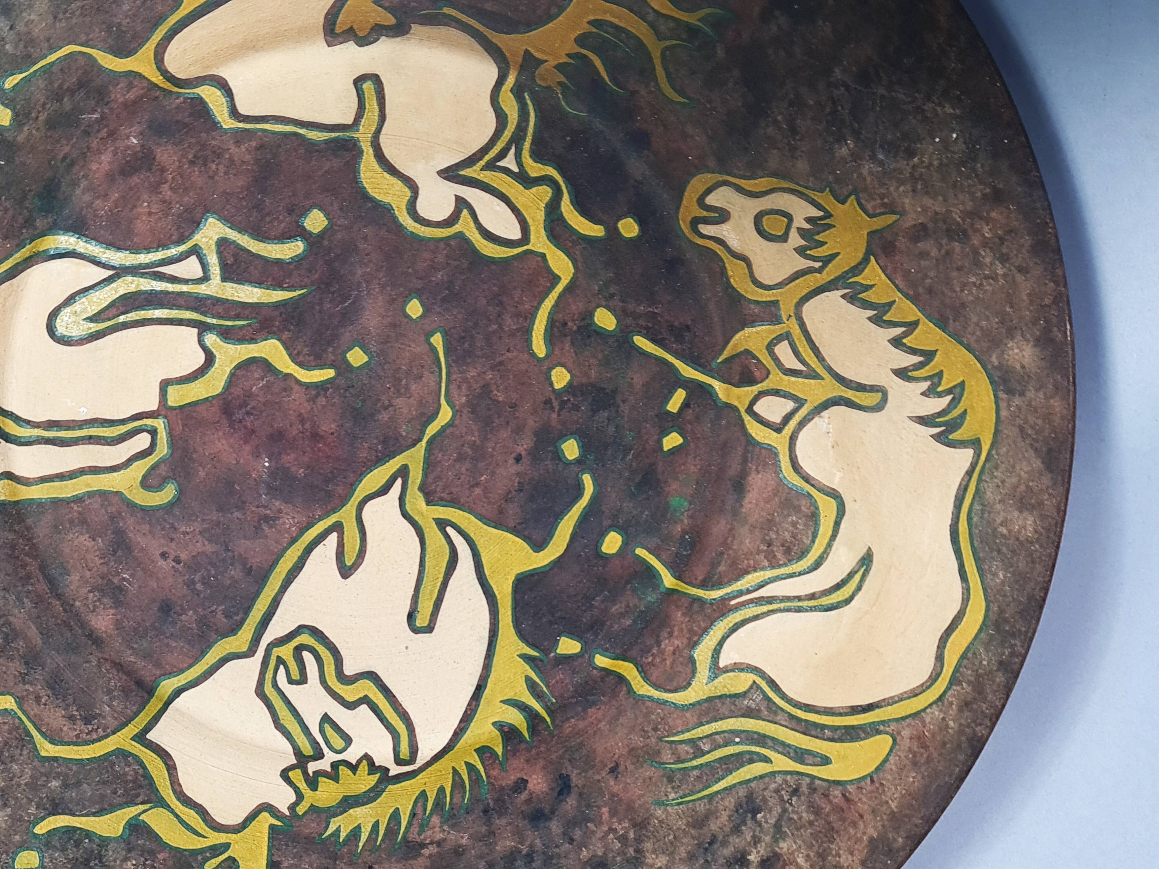 Biot: large ceramic dish painted with horses vintage 50s-60s 39.5 cm C036