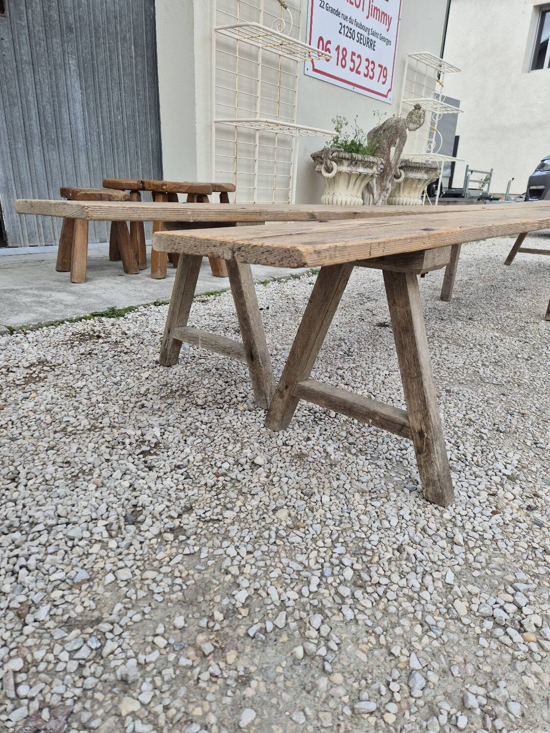 Pair of rustic oak and fir farmhouse benches 1900s - 3m85
