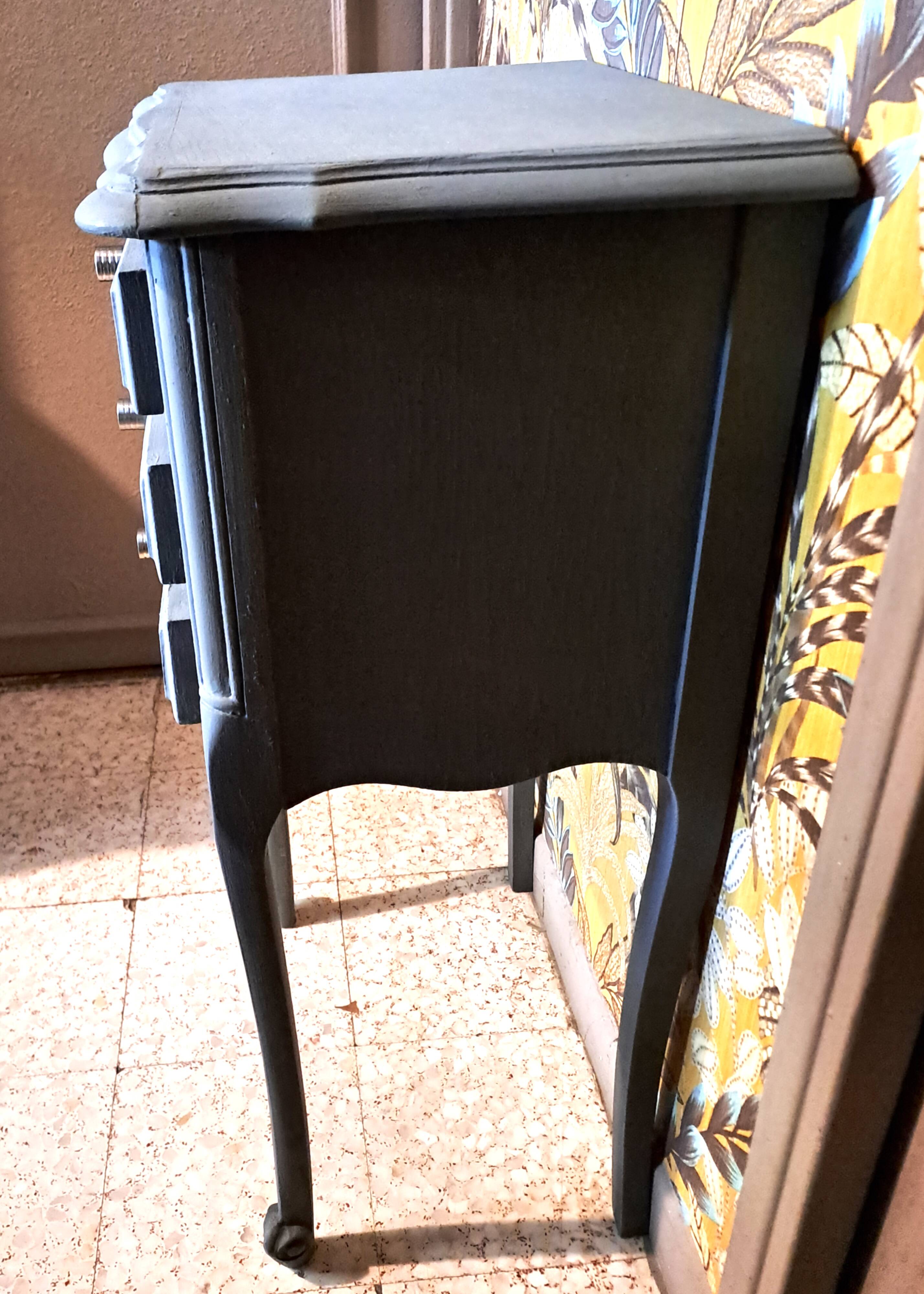 1950 bedside table in painted wood, trench grey color, renovated, 3 drawers