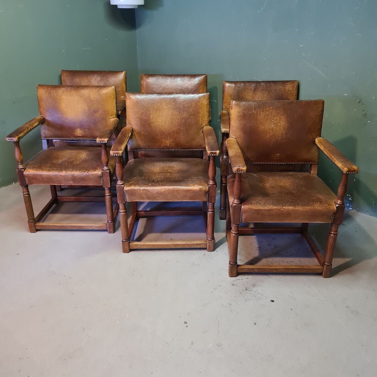 6 Oak Armchairs With Leather, Mid 20th Century
