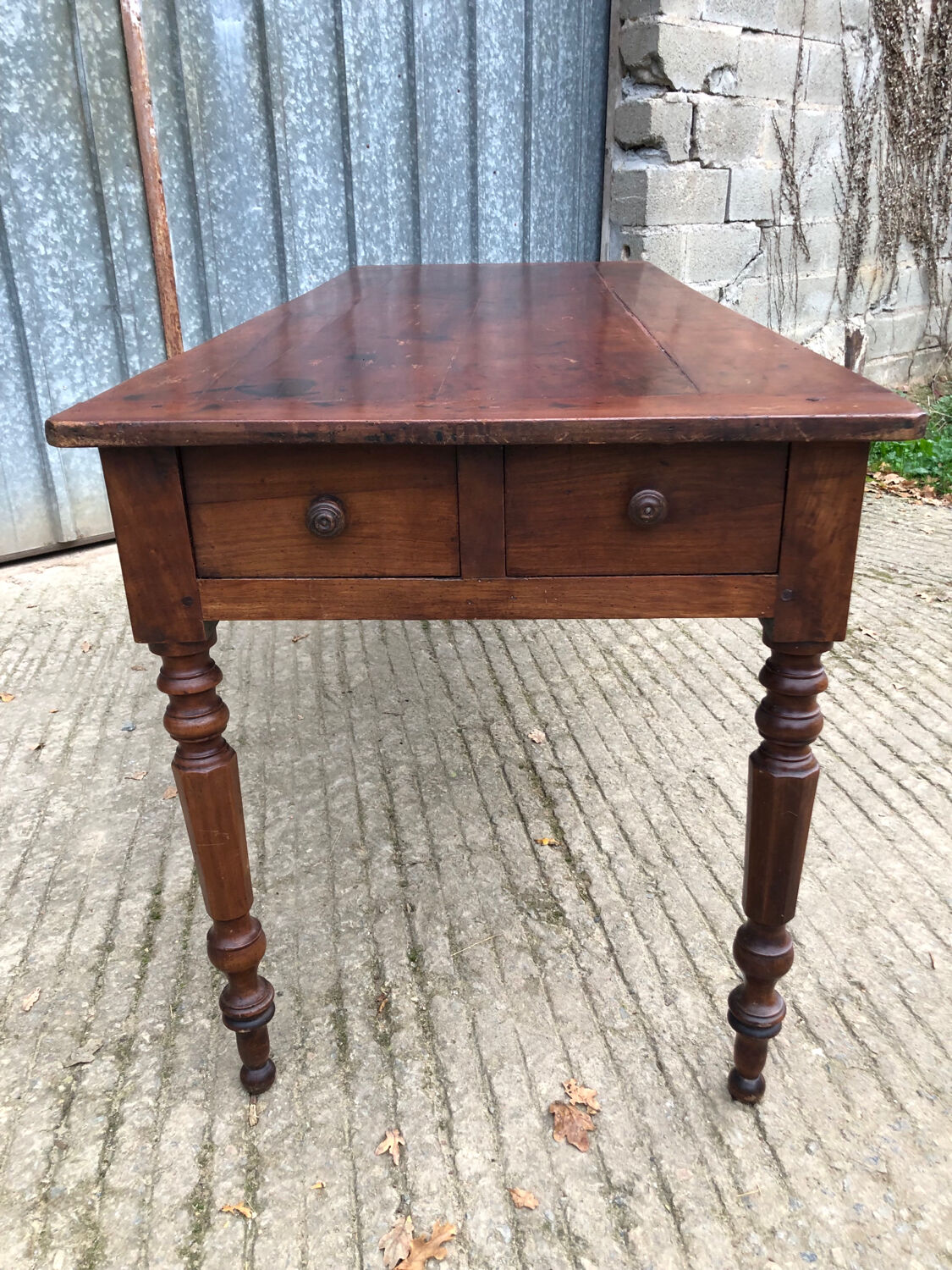 Antique farmhouse table in solid cherry wood with 4 drawers