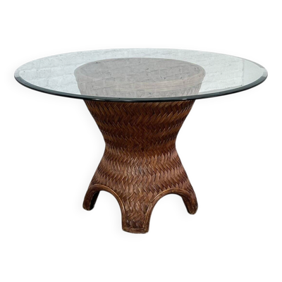 Table de Salle à Manger Ronde en Rotin Tissé et Verre Biseauté, 1970s