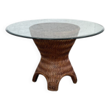 Round Woven Rattan and Beveled Glass Dining Table, 1970s