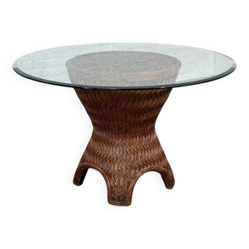 Round Woven Rattan and Beveled Glass Dining Table, 1970s
