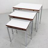 White Nesting Table Set with chrome frame and wood detail, 1970s